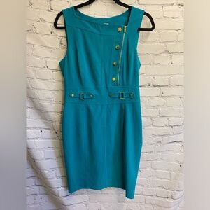 5/$20 Calvin Klein Teal Sleeveless Midi Dress w/ Gold Signature Hardware 8‎ GUC